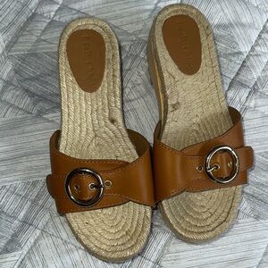 Swedish Hasbeens Tan Leather Slide Mules with Silver Buckles